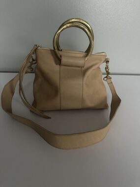 Raven + Lily Tan Leather Shoulder Bag Gold Top Handle Handbag Designer purse EUC
